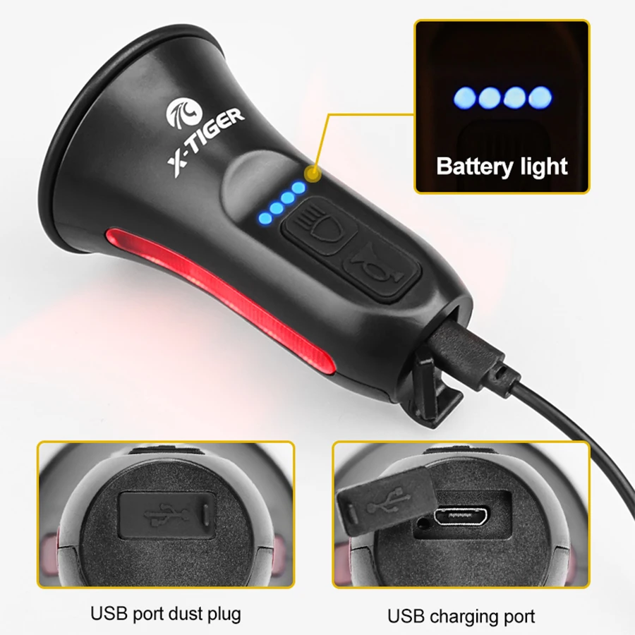 X-TIGER Elektronische Fahrradhupe, beleuchtete Warnung und integrierte Sirene, Batterielebensdauer von 6 Stunden. Geeignet für Straßen- und