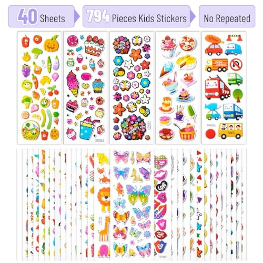 - 3D Puffy Stickers for Toddlers and,40 Sheets, 794 Pcs, Assorted Themes