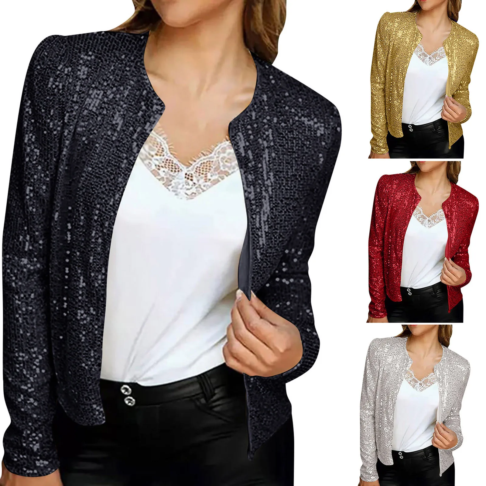 Women's Coats Cardigan Long Sleeve Shiny Sequin Coat Open Front Casual Female Jacketc