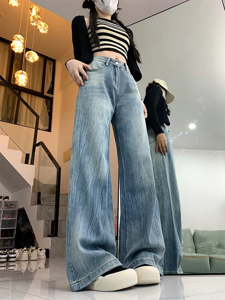 กางเกงยีนส์ทรงขากว้างสไตล์อเมริกันย้อนยุค เอวสูง ทรงหลวม สำหรับผู้หญิง ฤดูใบไม้ร่วง ฤดูหนาว รุ่นใหม่ ทรงหลวม ทรงตรง