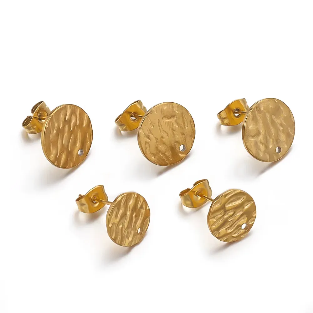 

10pcs 8/10/13mm Stainless Steel Embossed Round Stud Earrings Post with Holes Gold-plated DIY Jewelry Making Supplies Wholesale