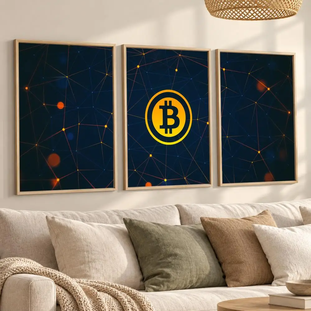 Bitcoin Blockchain Network Painting Calligraphy Canvas Prints Set of 3 Wall Art for Living Room Decor Vintage Fashion Decals