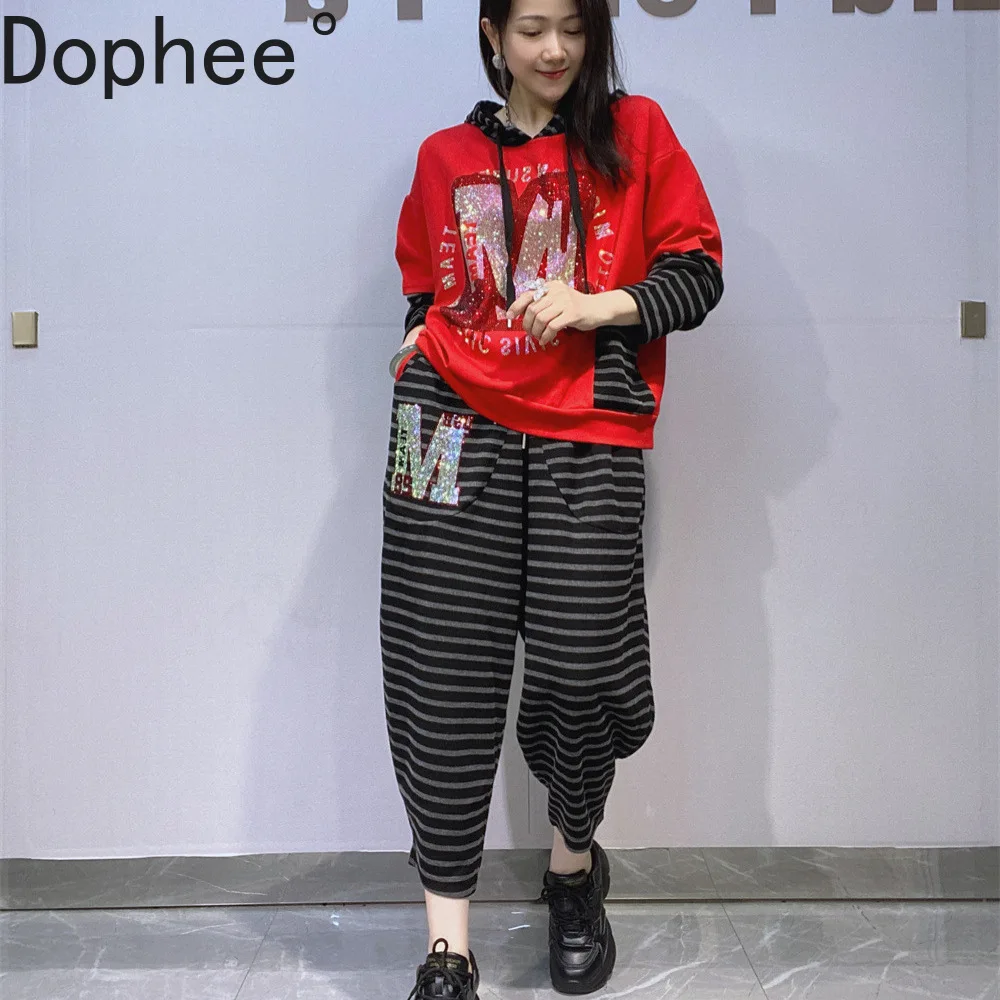 

2025 New Autumn Women Two-piece Sets Faux Two-piece Hot Drilling Long Sleeve Hooded Pullover Top + Casual Harem Pants Suits
