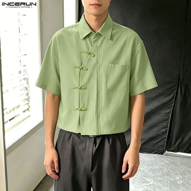 INCERUN Men's Shirt Solid Color Lapel Short Sleeve Button Vintage Men Clothes Summer Streetwear 2026 Loose Casual Tops For Man