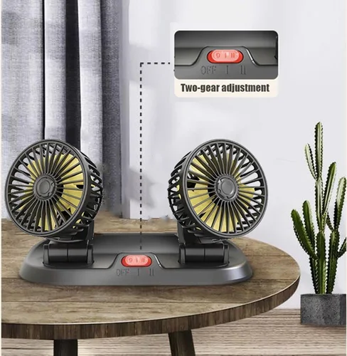 Imagen 2 del producto Ventilador de refrigeración para automóvil de 12 V 360 ° Ventilador circulador de aire de doble cabezal ajustable, ventilador eléctrico automotriz de 2 velocidades USB para salpicadero SUV