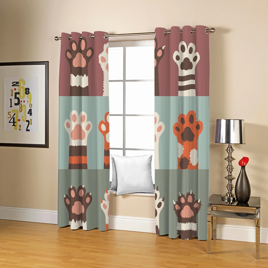 Cartoon Cat Paw Print Curtains for Kids Bedroom Cute Animal Pet Theme Window Drape Grommet Blackout Curtains Living Room Home