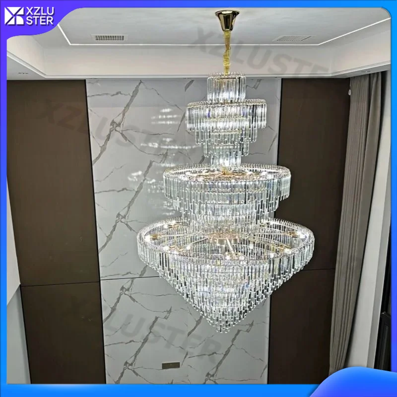 2026New European Villa Building Middle Floor Living Room LED Crystal Lamp Hall Long Chandelier LuxuryDuplex Large Chandelier