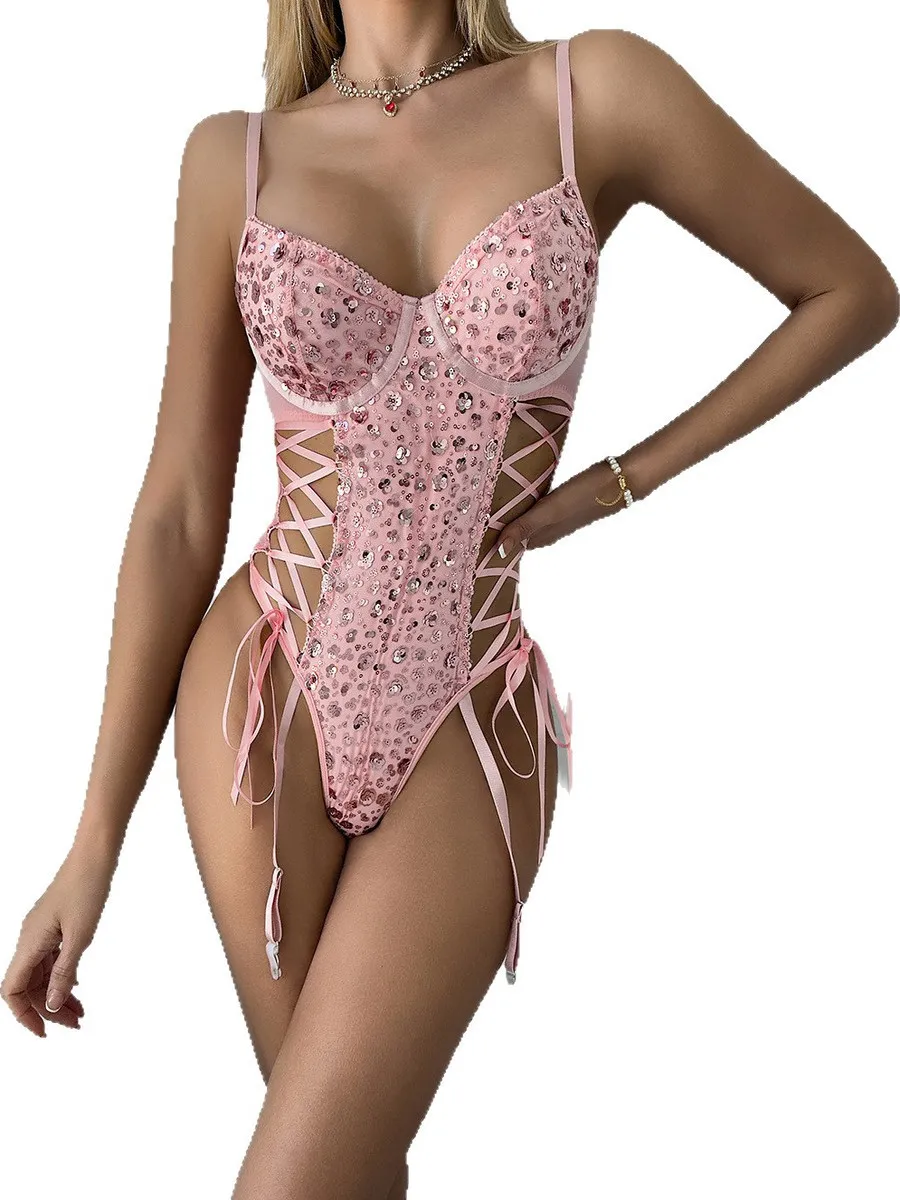 

iny Waist-Cinching Corset Bodysuit Sparkling Tie-Belted High-Waisted a One-Piece Summer Commute Straight Leg ort Pants