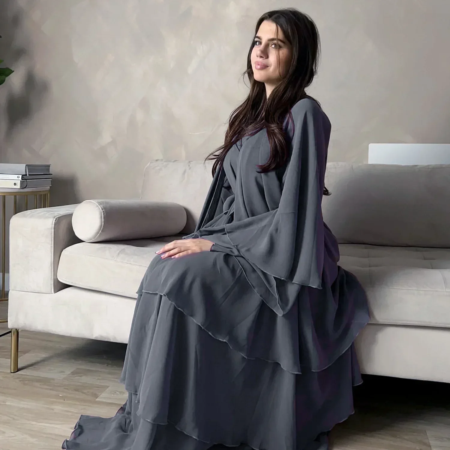 Fashionable Women's Clothing Spliced Three-Layer Open Abayas Cardigan Dress Long Robe Elegant Chiffon Fabric Spring Season 2024