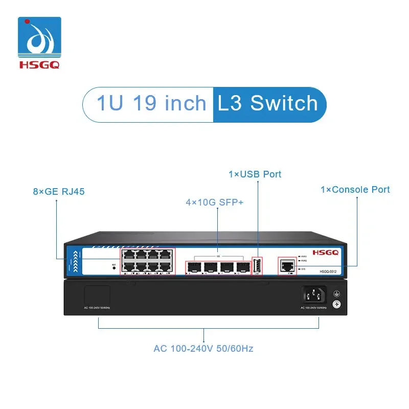 2026/HSGQ-5512 12 Port 8*GE + 4*10G SFP+ 1*USB + 1*Console Port Managed Fiber Switch Suitable for Hotels Banks L3 Managed Switch