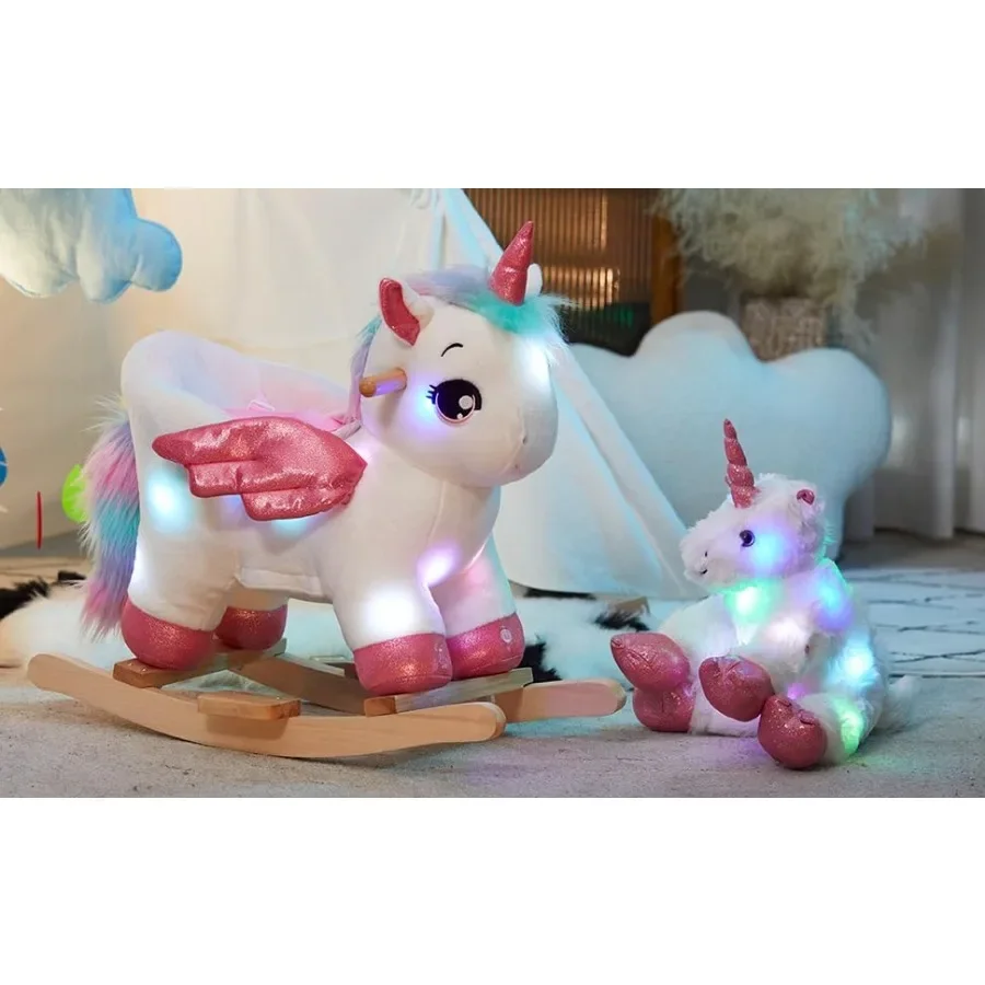 Light Up Musical Licorne Bébé Cheval à bascule Ensemble de 2 avec ceinture de sécurité Blanc Licorne Rocker Bébé Chaise à bascule Ride sur Licorne pour