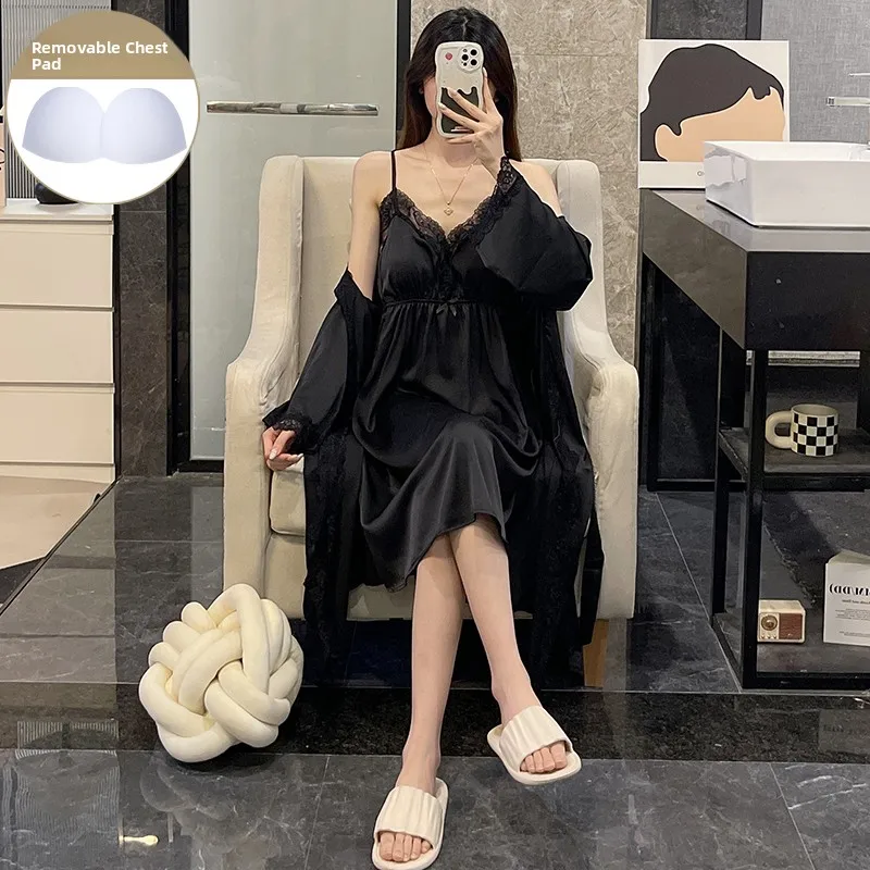 

2025 Summer New Sle Women's Sp Robe Nightgown with Chest Pad Long Sve Strap Silk Home Clothes Sexy Bla Ice Silk