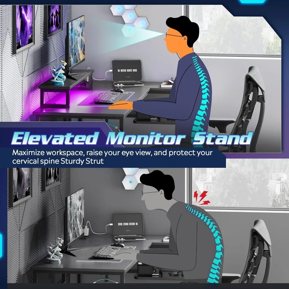 Escritorio para juegos en forma de L de 47 pulgadas con iluminación LED con tomas de corriente, escritorio esquinero para PC para espacios pequeños, mesa duradera para ordenador con Sp