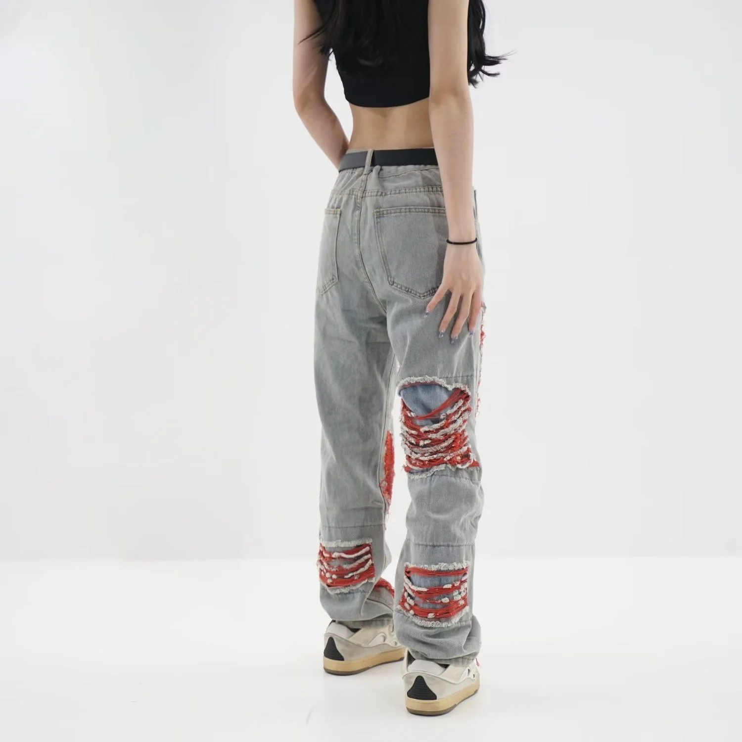 Retro Y2k Baggy Pants red Ripped Jeans Women Streetwear High Waist Gradient Color Fashion Casual Mopping Trousers y2k jeans