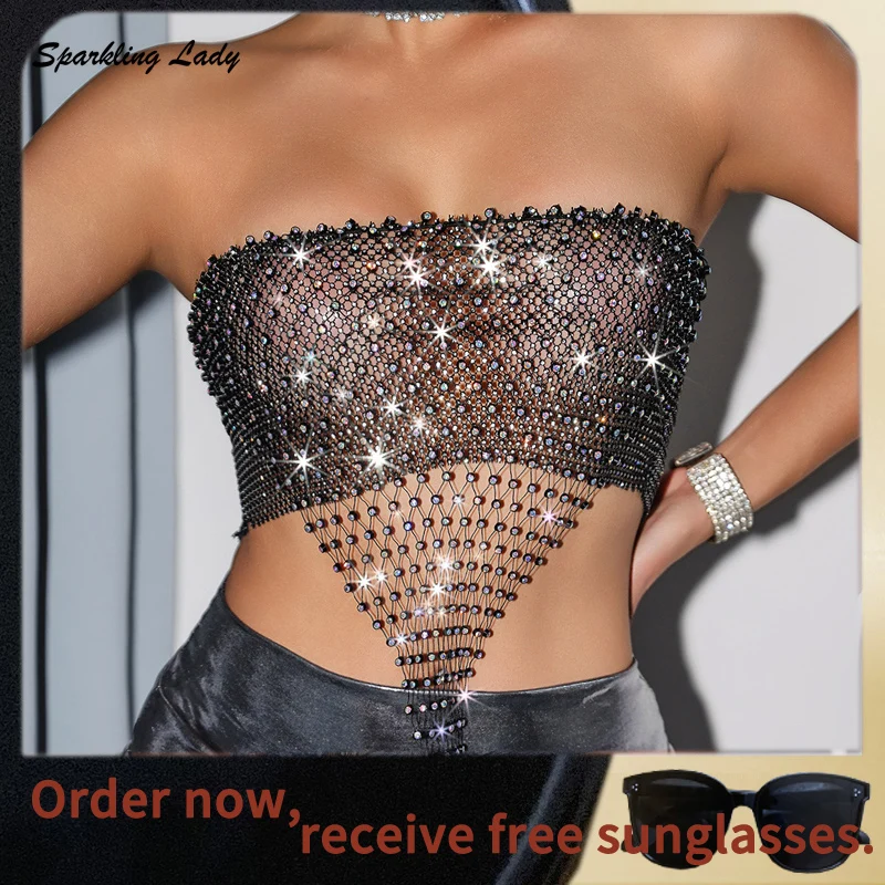 Sexy Halter Rhinestone Fishnet Irregular Chain Pendant Crop Top Women Trendy Beach Mesh Bikini Cover Up for Summer Vacations