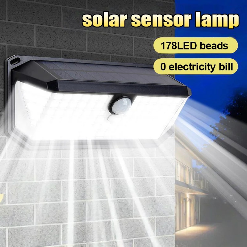 

Solar Light Outdoor 178 LED Solar Wall Lamp IP6 Waterproof Wireless Motion Sensor Security 3 Modes Garden Fence Yard Deck Garage