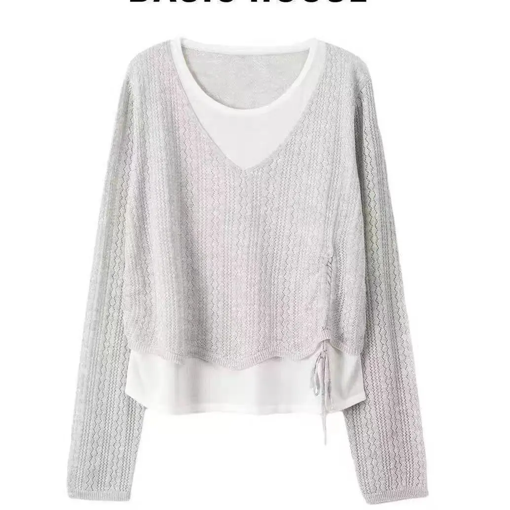 Light Grey Ice Silk Knitted Sweater with Drawstring Collar Spliced Design Spring Summer New Style Women's Regular Fit Top