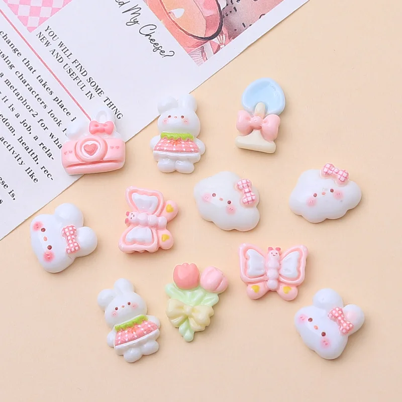 10pcs/lot cute miniso series rabbit flower cartoon resin flatback cabochons diy crafts materials jewelry making charms