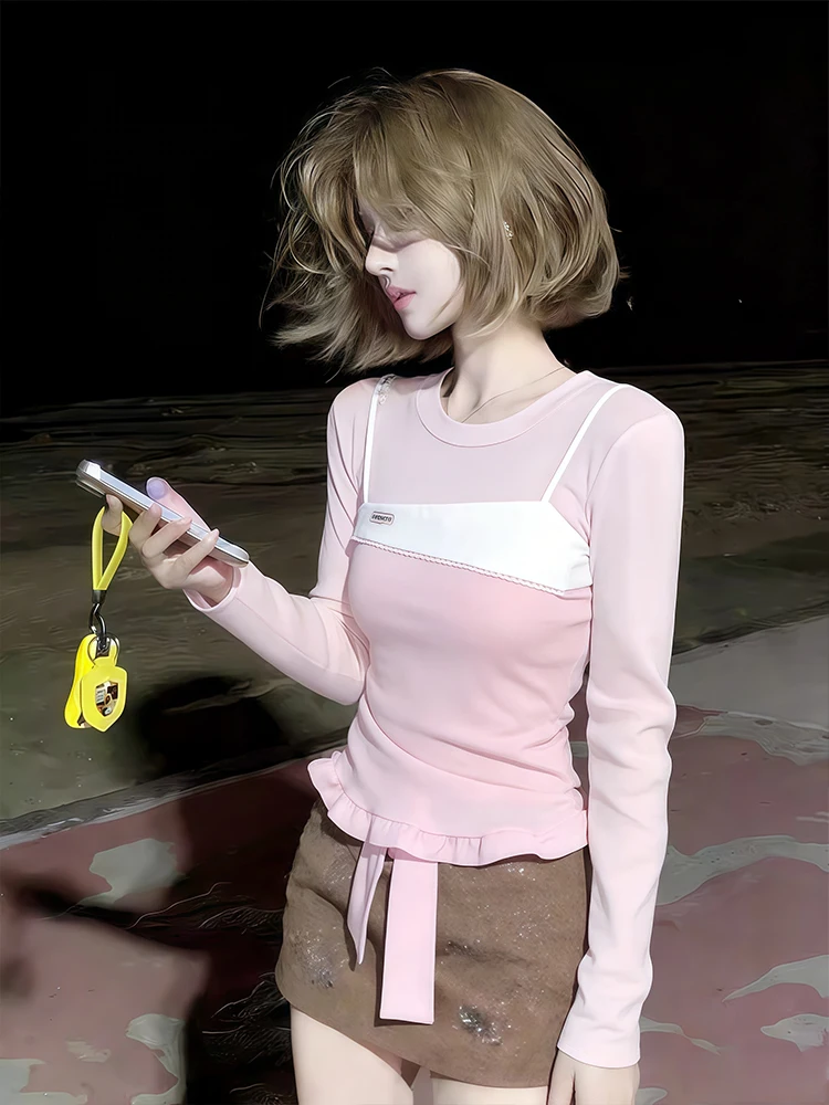 

Pink Sweet Spicy Girl Fake Two-Piece Long Sve T-irt Women's Spring Small Size Cute Sle Very Attractive Waist-Cinching ...