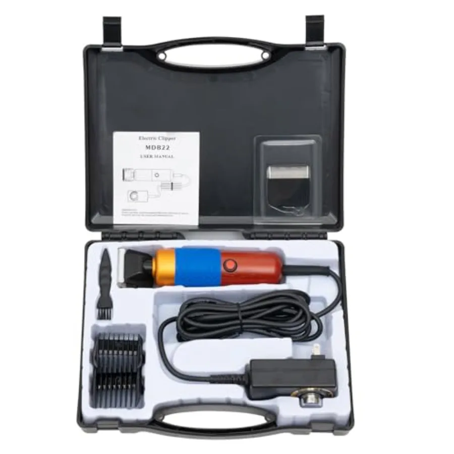 

Dog grooming clipper for thick to heavy coats, stainless steel blade, black, low-noise motor, includes spare blade, brush, and
