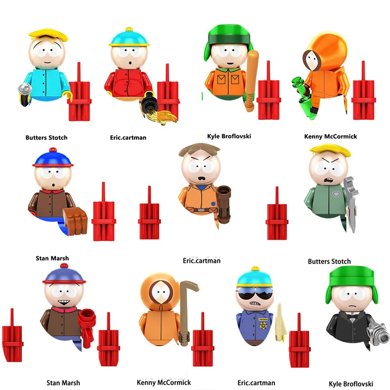 Figuras Mini de Comédia Anime, Eric Cartman, Stan, Kyle, Kenny, Blocos de Montar, Figuras de Ação, Conjunto Colecionável para Coleção