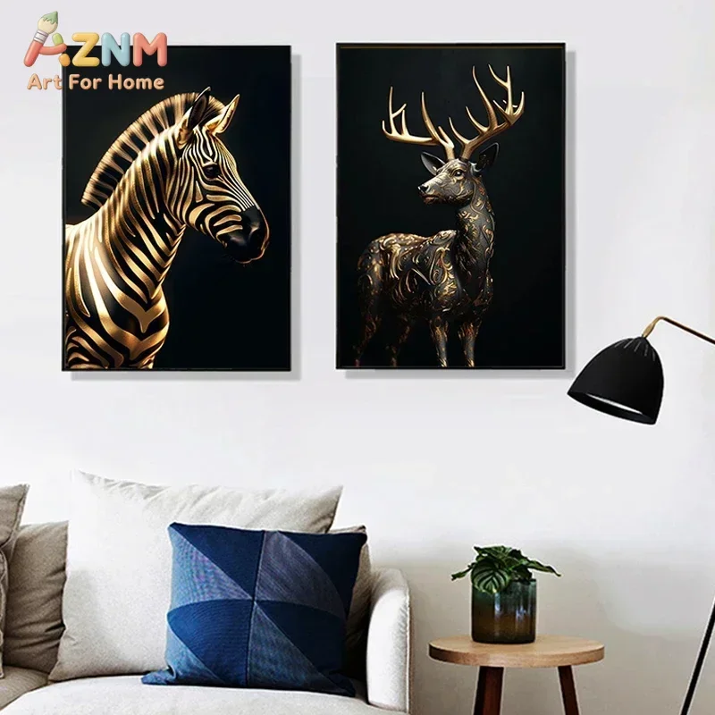 AZNM Black Gold Wild Animal Canvas Wall Art, Lion Wolf Owl Zebra Eagle Luxury Metallic Style Art Print, Unframed Canvas Painting