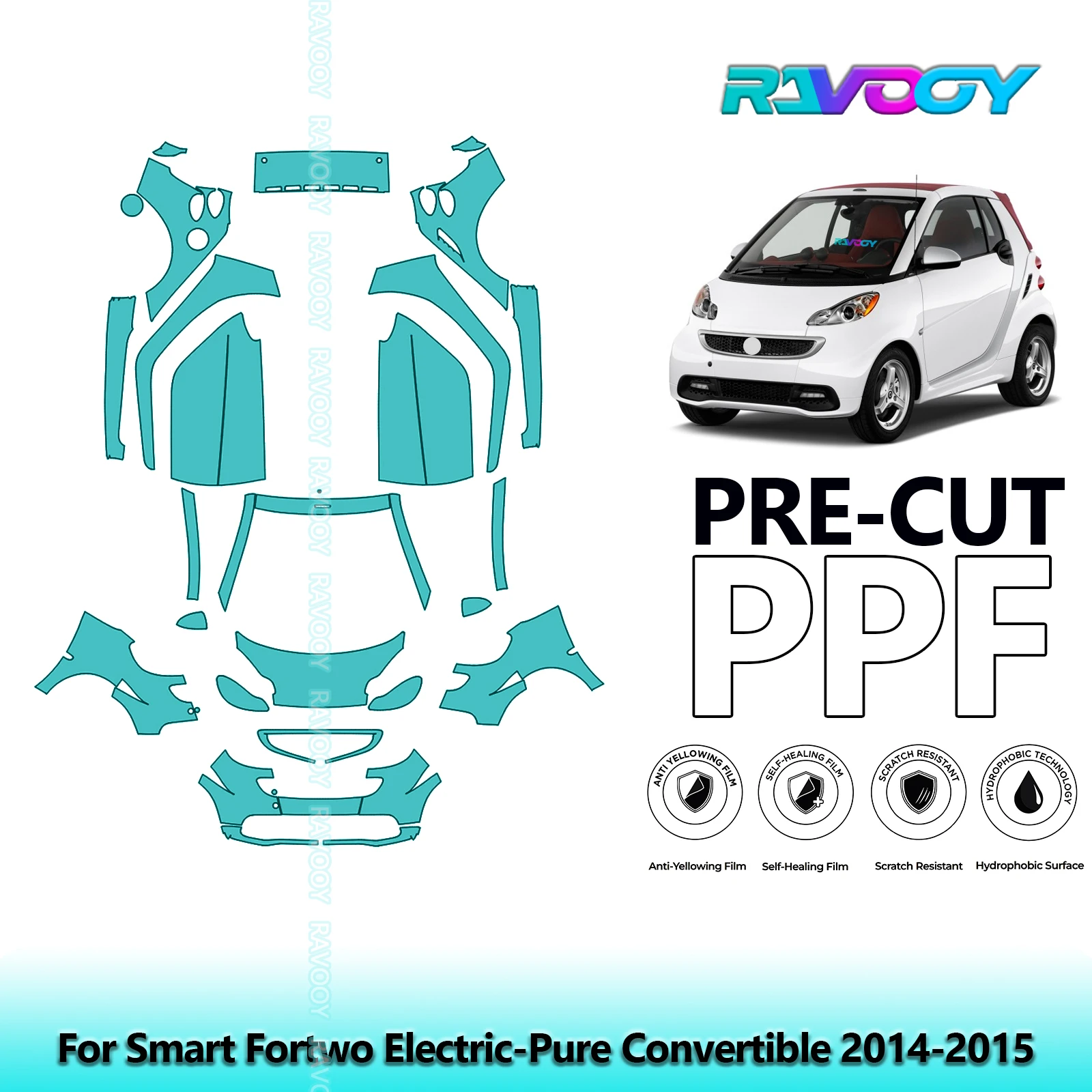 RAVOOY Custom-Fit Precut TPU PPF Full Vehicle Clear Bra Stone Guard EU UK For Smart Fortwo Electric-Pure Convertible 2014-2015