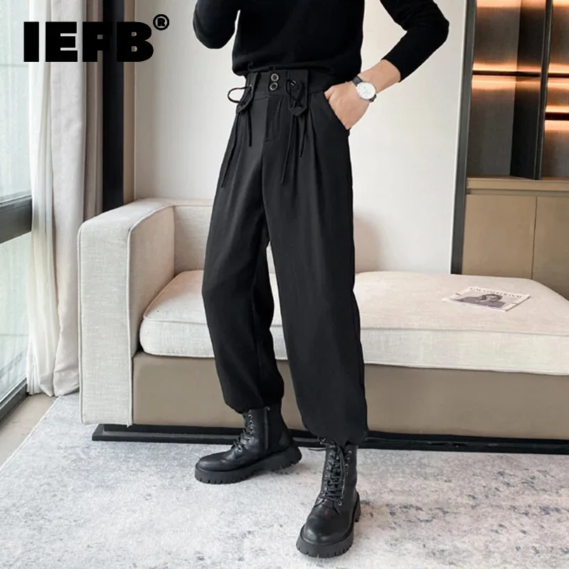 

IEFB 2024 Autumn Mne's Casual Pants Solid Color Lace-up Design Casual Suit Trousers New Fashion Men Balck Bottoms Simple 9C2397