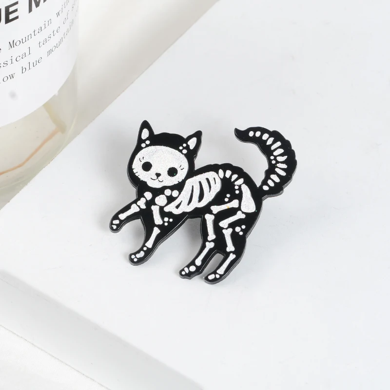 Cat Skeleton Enamel Pin Punk Glitter Dark Cat Badge Brooch Bag Clothes Lapel pin Funny Animal Jewelry Gift for Friends