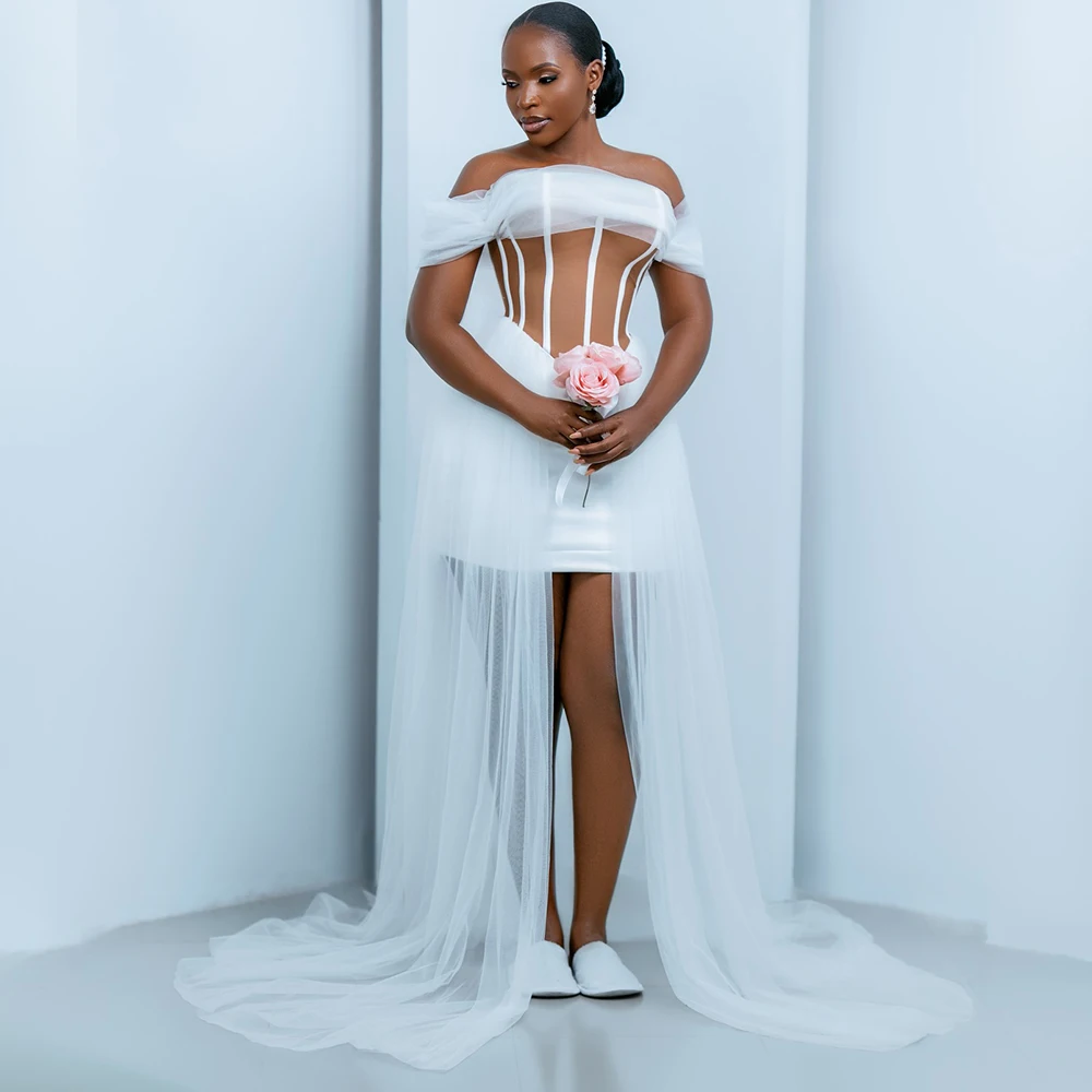 Nigeria White Wedding Robe Dress Off Shoulder Front Split Corset Tulle Bride to be Bridal Shower Photoshoot Dress Customized