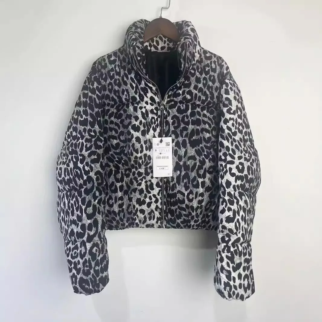 معطف الخريف والشتاء النسائي الأوروبي الجديد بطباعة الفهد سترة قطنية بياقة واقفة