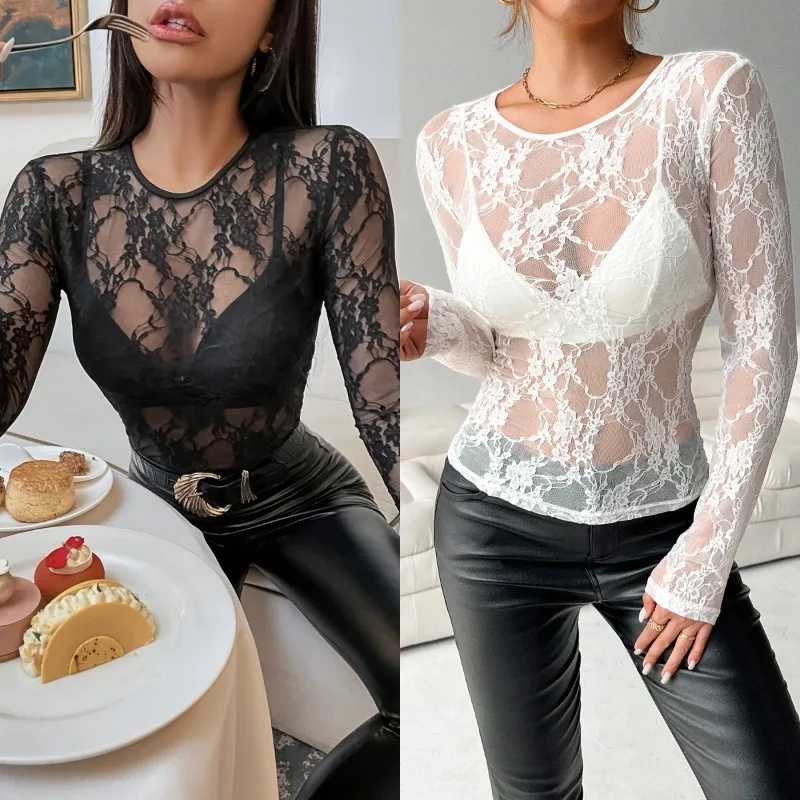 

Women's Fashion Mesh Lace Flower T-shirt Long Sleeve Round Neck See-through Slim Bottoming Shirt Top Spring Summer Autumn Shirt