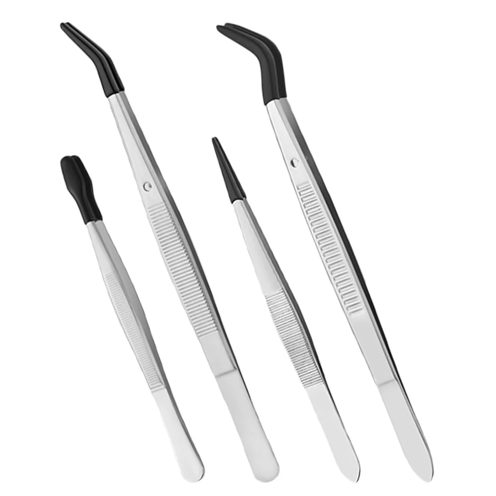 4Pcs Anti Slip Stainless Steel Tweezers Set Precision Crafting for Stamps Coins Eyelash Extensions Silicone Tips