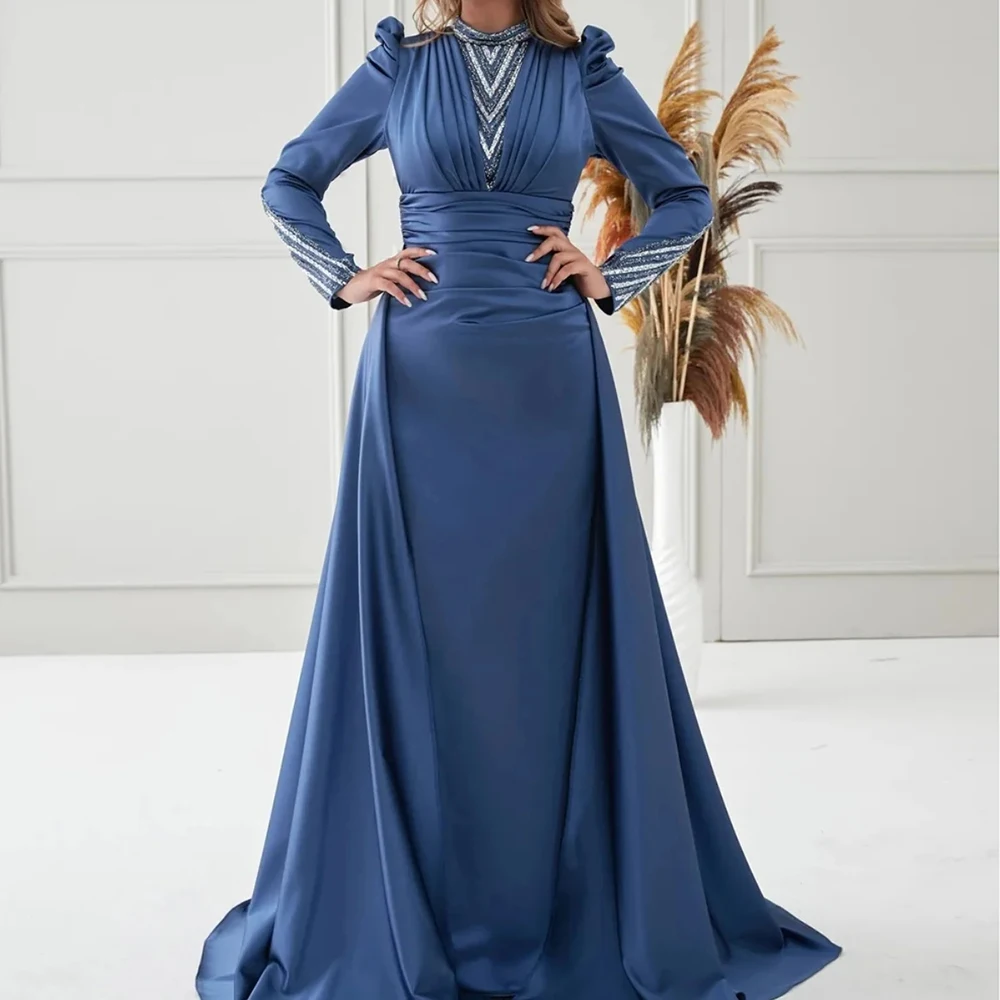 

Customized Mermaid Evening Dresses Floor-length High-neck Full Sleeve Prom Gown Fashion Pleat Sequined Simple Draped Party Gown