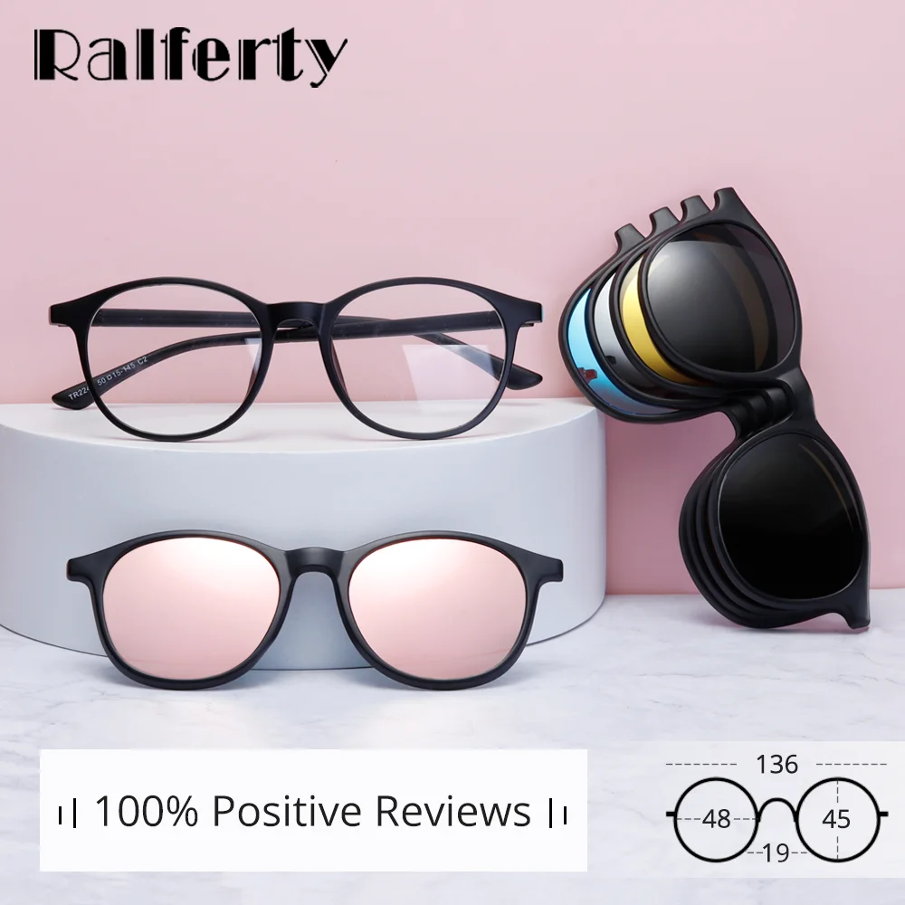 Ralferty Magnet Sunglasses Women Polarized 6 In 1 Eyeglass Frame With Clip On Glasses Men Round UV400 TR90 3D Yellow Oculo A2245