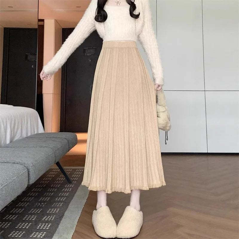 

Knitted Fringed Half Women Autumn Winter New Style Slender Elegant High-waisted Wide-swing Umbrella Skirt Woolen Mid-length