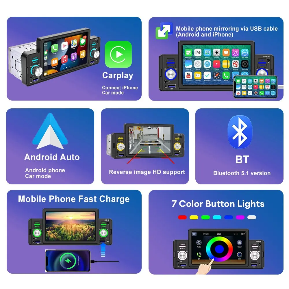 Acodo 5'' Car Radio 1Din CarPlay Android Auto Multimedia Player Bluetooth MirrorLink FM Receiver For Volkswagen Nissan Toyota