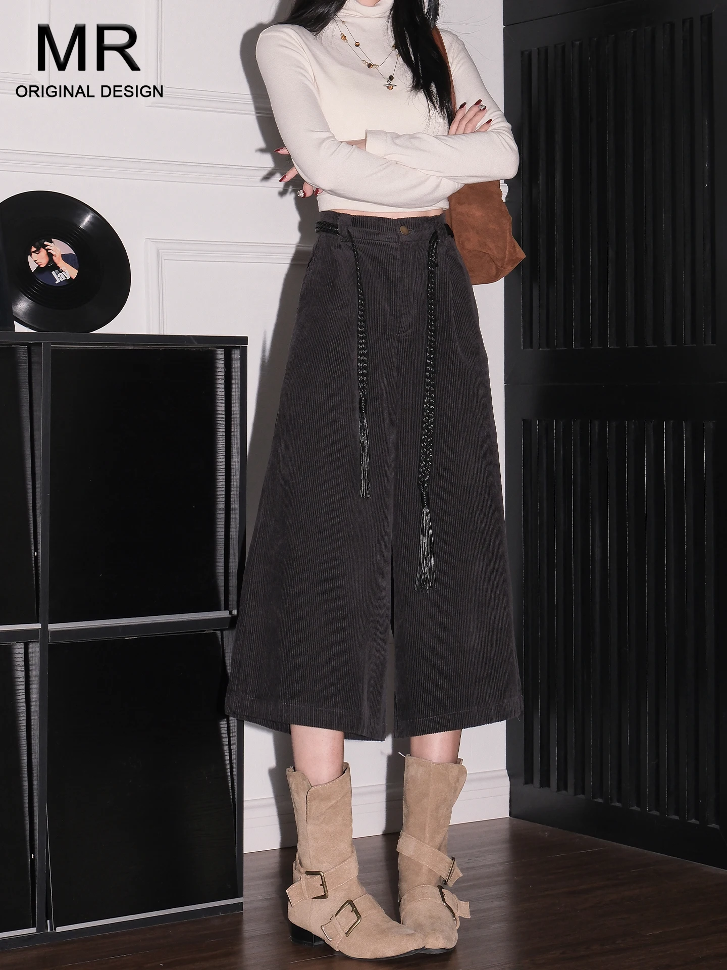 

Серые вельветовые брюки с высокой талией свободного кроя для женщин, новая зимняя модель, прямые широкие брюки-капри