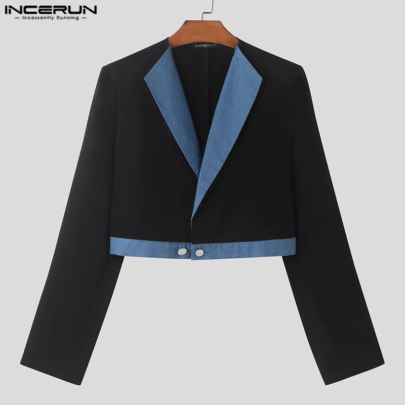 INCERUN 2024 Clothing Fashion New Men\'s Contrast Denim Splicing Short Suit Coats Casual All-match Male Loose Long Sleeved Blazer