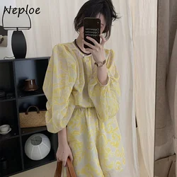 Neploe Korean Chic Sweet Temperament Suits 2024 Summer Sun Protection Lantern Sleeve Floral Shirt High Waist Wide-Leg Shorts