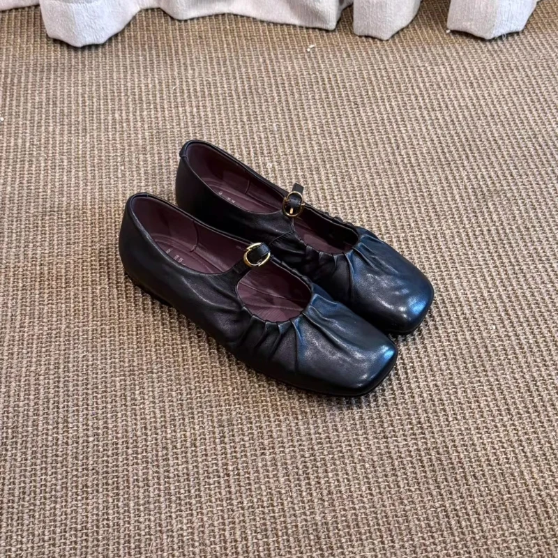BANFANG Women's Mary Jane Shoes Square Toe Flat Genuine Leather Soft Comfortable High Quality Female Casual Shoes