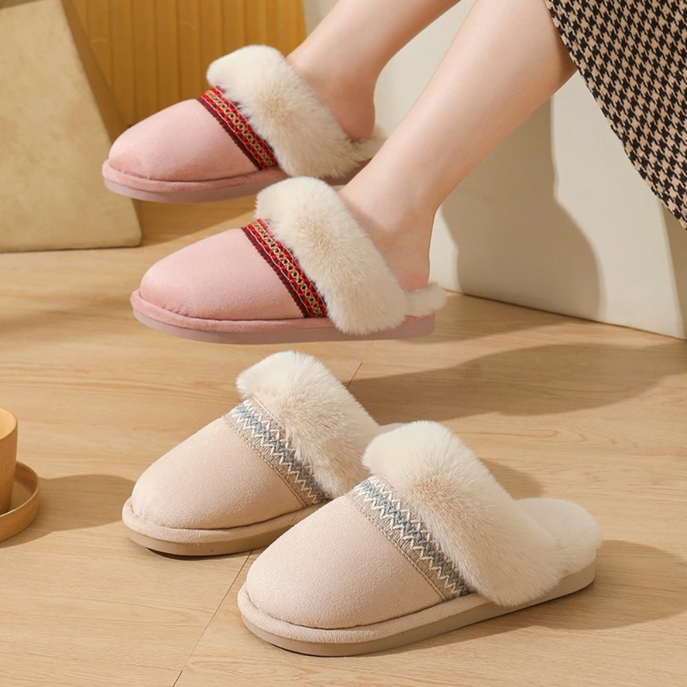 Winter Lace Plush House Slippers for Couples Warm Indoor & Outdoor Cotton Shoes for Men & Women Anti-Slip Fuzzy Home Footwear