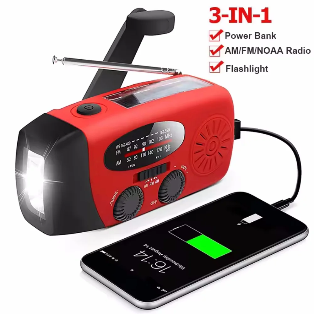Multifunctional Solar Hand Crank Radio FM AM WB NOAA Weather Radio 2000mAh USB Charging Emergency LED Flashlight Power Ban