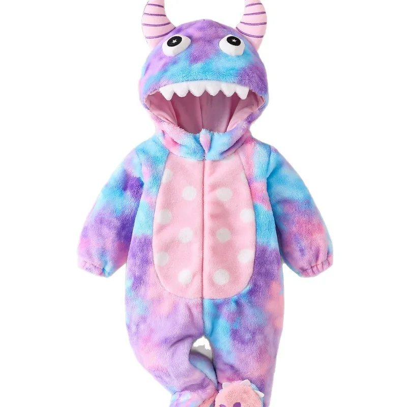 Baby Tie Dye Monster Hooded Romper Footed Jumpsuit  Striped Horns Teeth and Polka Dots Cute Winter Playsuit for Newborn 0 24M