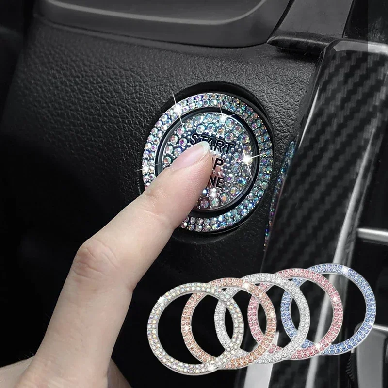 New 2pcs/set Car Diamond Sticker Rhinestone Ring Round Decoration Protective Cover Accessory Start Switch Button Decoration