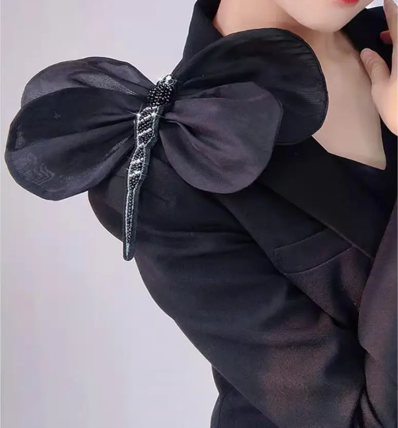 Women's Elegant Designer Black Dragonfly Flower Female Vintage Photography Formal Dress Performance Party Glove R316