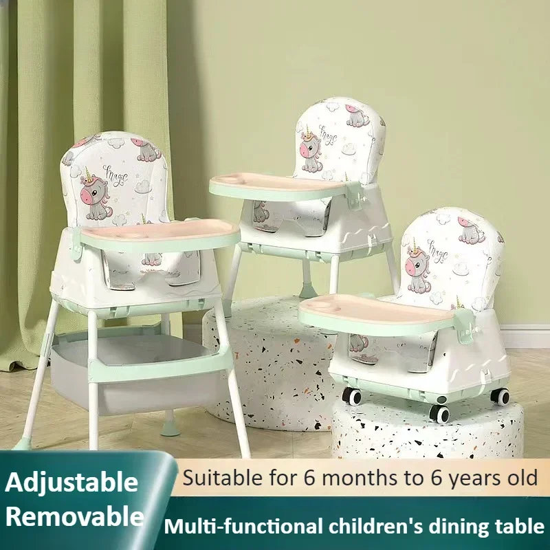 3 in 1 Baby High Chair with Wheels Storage Unicorn Cushion 3 Gear Adjustable Double Tray Height Adjustable Foldable Baby Chair