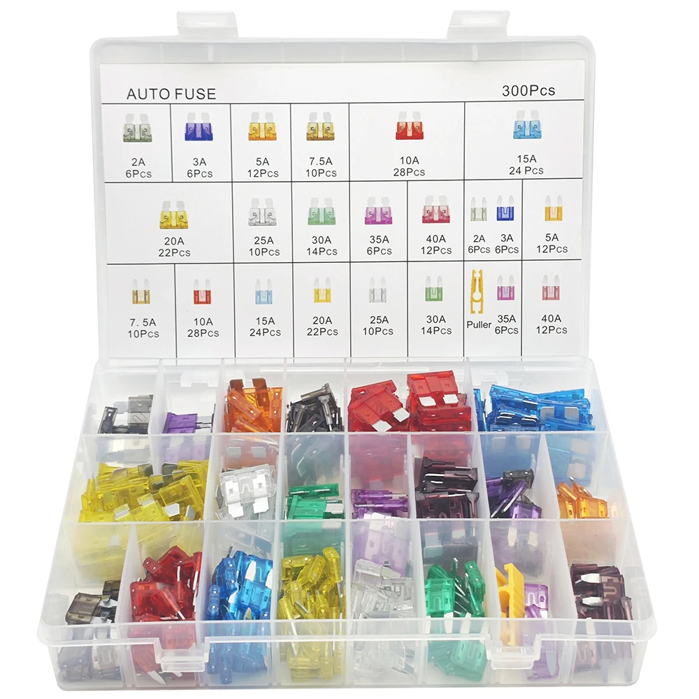 300pcs Standard & Mini Blade Fuse Assortment, 2A 3A 5A 7.5A 10A 15A 20A 25A 30A 35A 40A Replacement Fuses for Boat Truck SUV