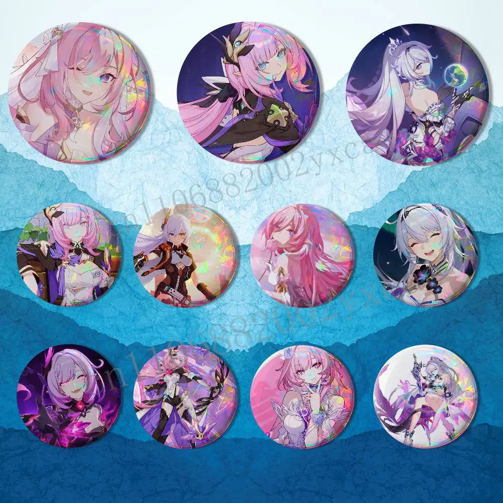 

Kiana Kaslana Elysia Honkai Impact Laser reflective round badges pins bag clothing decorations collectibles gifts for friends