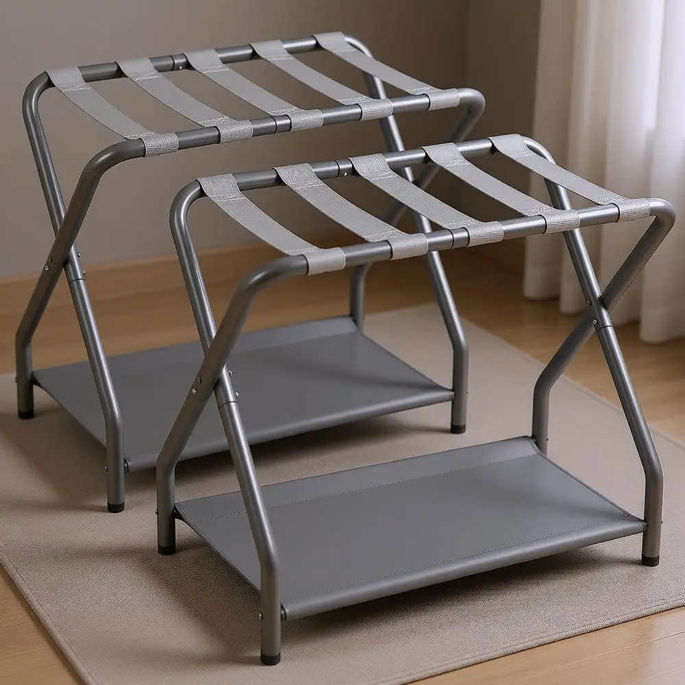 

Double-Tier Luggage Rack with Storage Shelf for Suitcases, Ideal for Rooms and Hotels, Easy Assembly, Gray